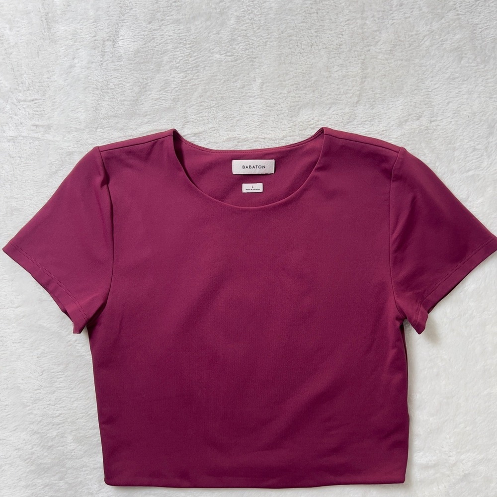 Babaton Contour Crop Top T-Shirt Women Sz L‎ Burgundy Short Sleeve